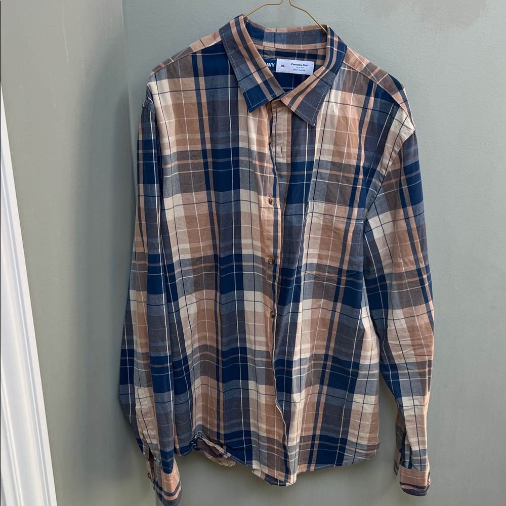 Old Navy Men's Casual Plaid Shirt - Navy and Tan